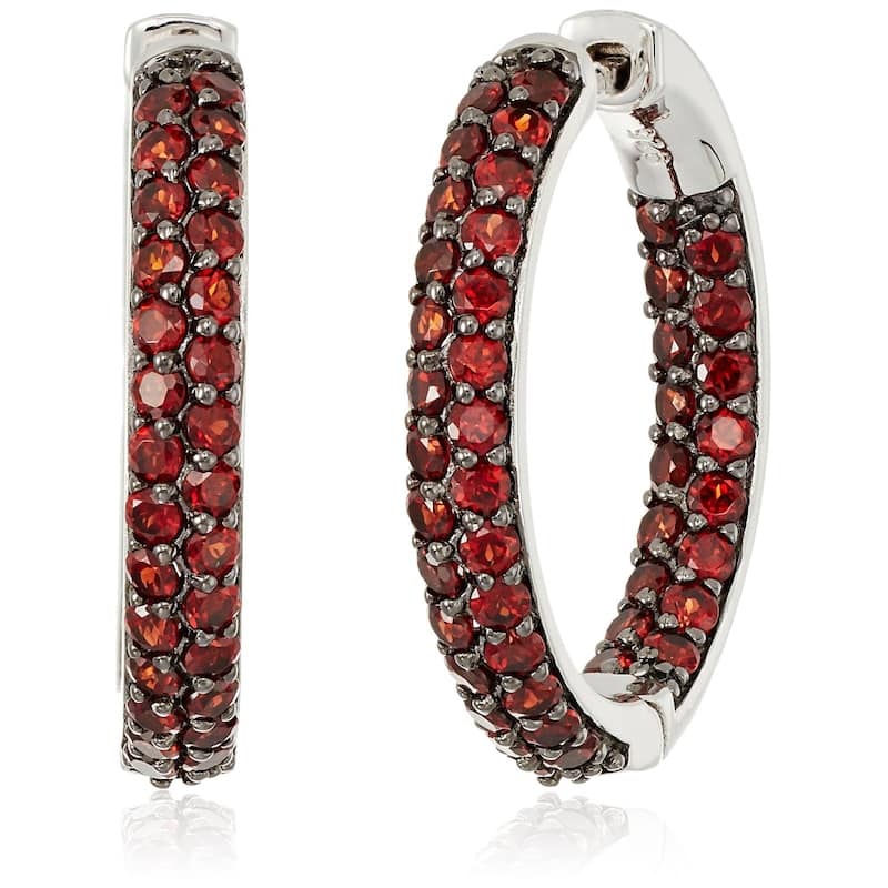 Sterling Silver Red Garnet Round Hoop Earrings, 1"