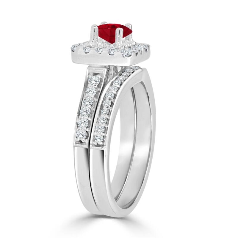 Auriya Round 2/5ct Red Ruby and 5/8cttw Diamond Halo Engagement Ring Set 14k Gold