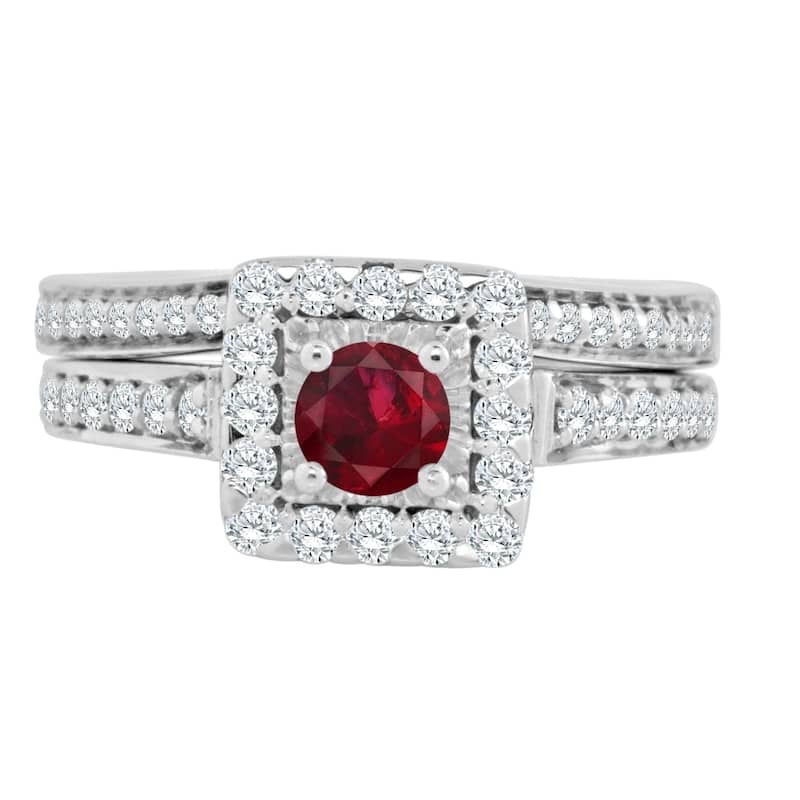 Auriya Round 2/5ct Red Ruby and 5/8cttw Diamond Halo Engagement Ring Set 14k Gold