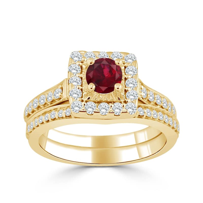 Auriya Round 2/5ct Red Ruby and 5/8cttw Diamond Halo Engagement Ring Set 14k Gold