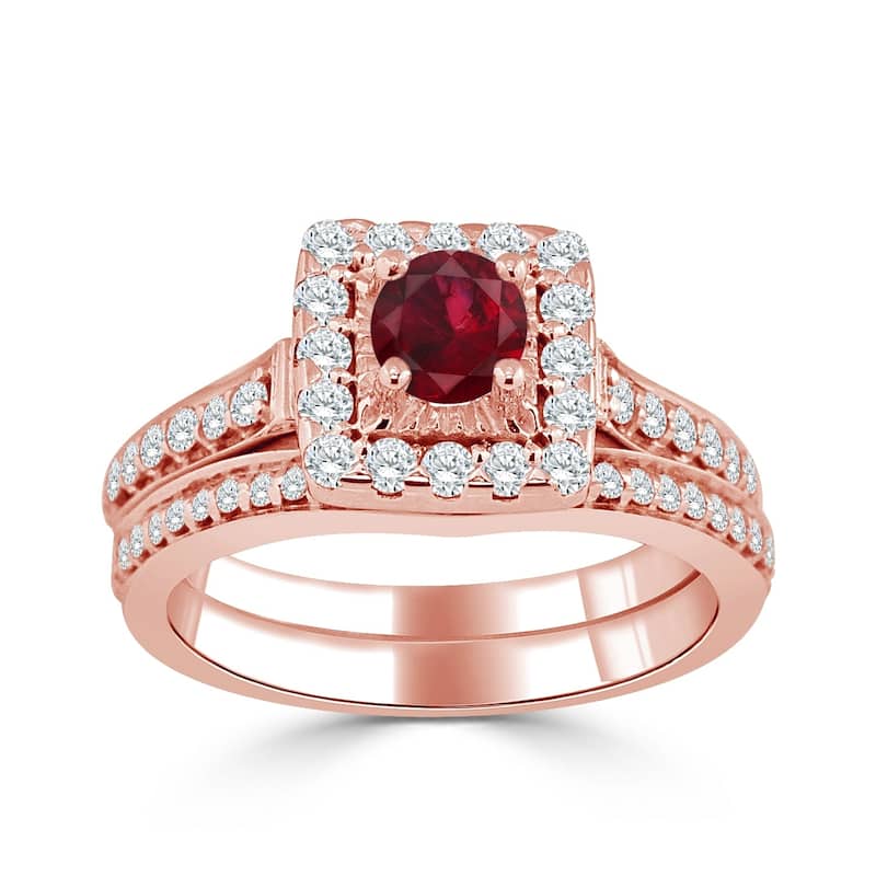 Auriya Round 2/5ct Red Ruby and 5/8cttw Diamond Halo Engagement Ring Set 14k Gold