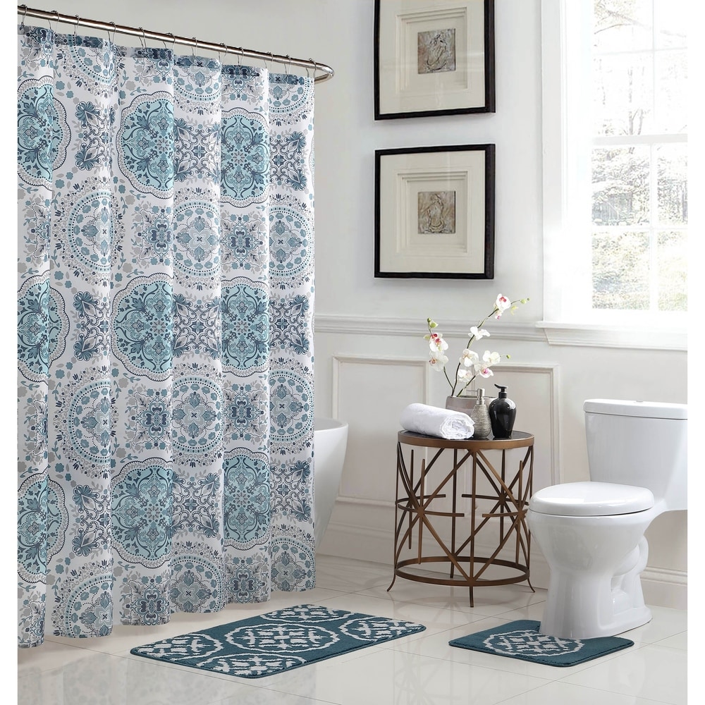 Printed Shower Curtain, Floor Mat, Toilet Lid Cover And Tank Cover Set,  Waterproof Bathroom Divider With No Drill Shower Hooks