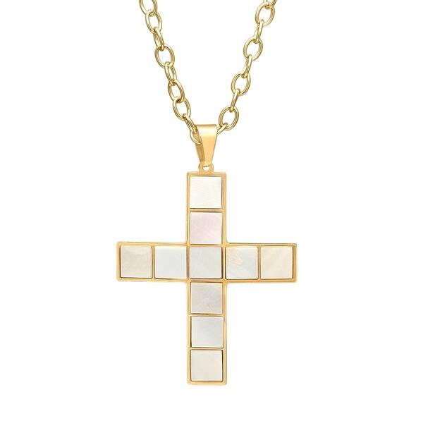slide 1 of 4, Piatella Ladies Gold Tone Mother of Pearl Cross Necklace