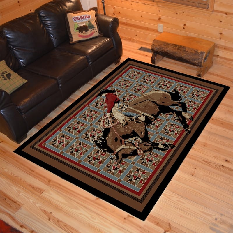Western Rodeo Bucking Horse Multi Area Rug (5'3"x7'3") - 7'10" x 9'10"