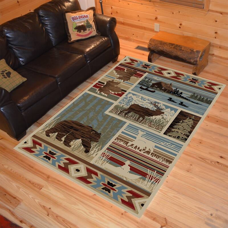 Rustic Lodge Bear Deer Canoe Multi Area Rug (5'3"x7'3") - 5'3" x 7'3"