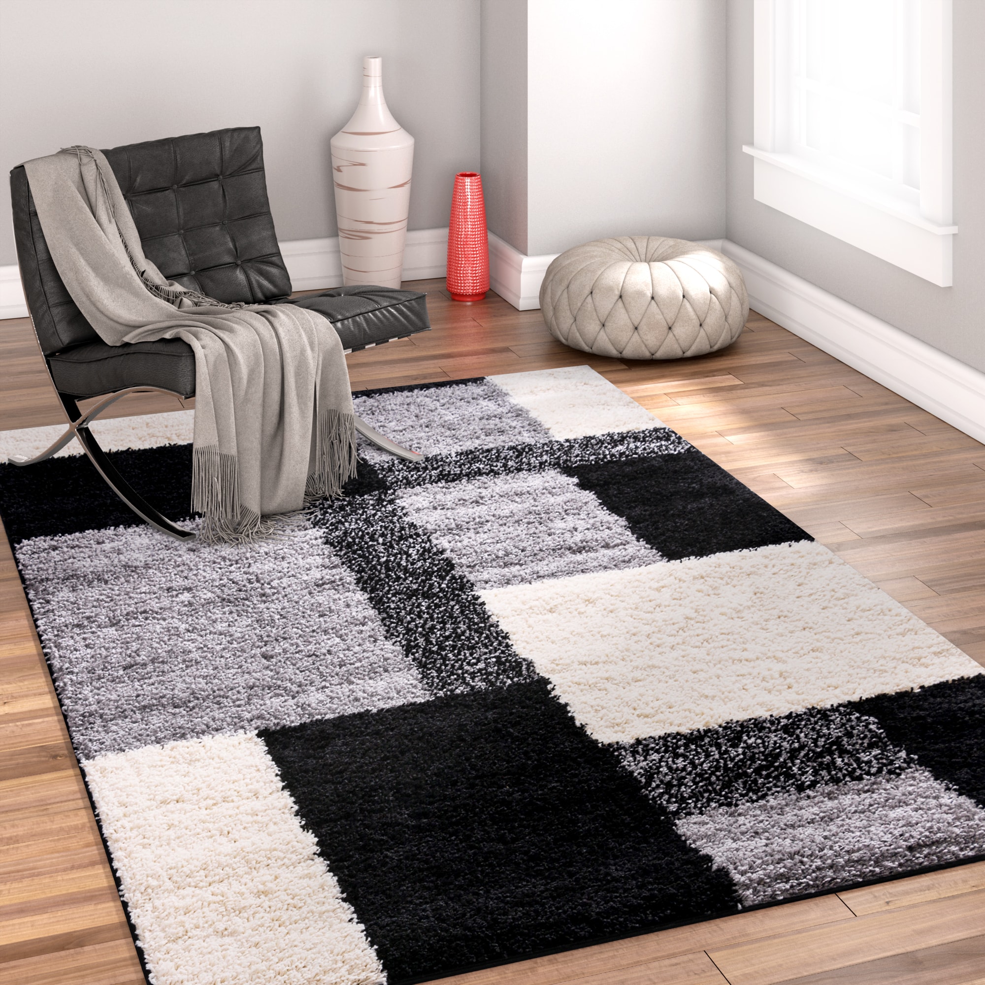 Well Woven Modern Geometric Squares Black Area Rug - 3'3 x 5'3
