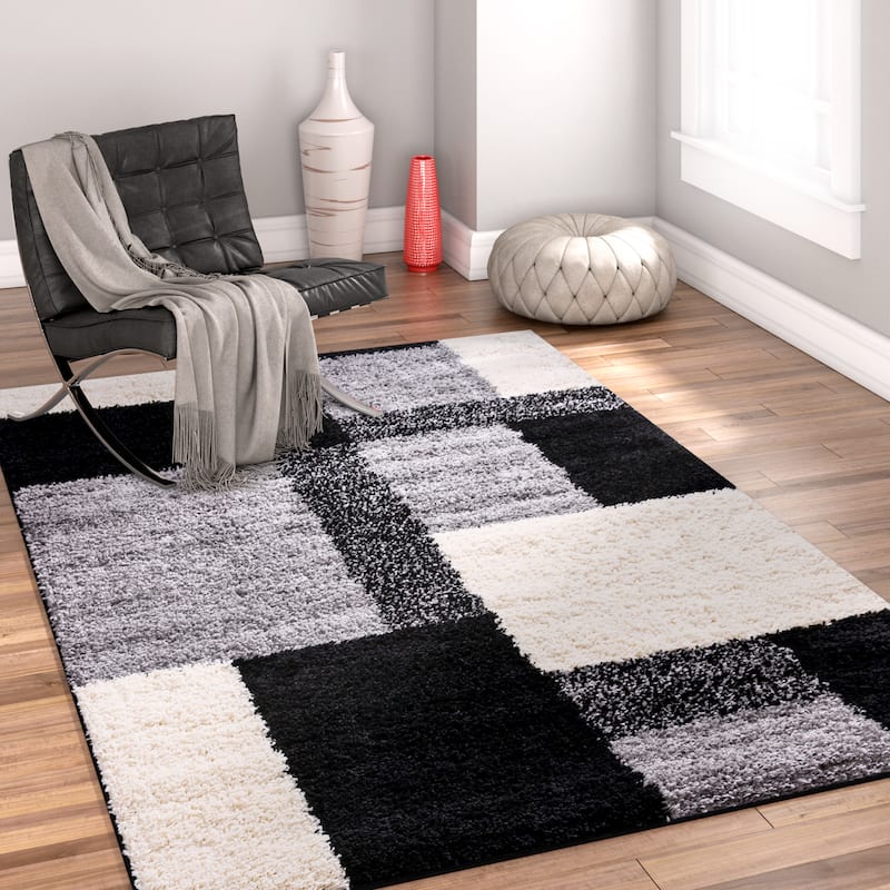 Well Woven Modern Geometric Squares Black Area Rug - 3'3 x 5'3