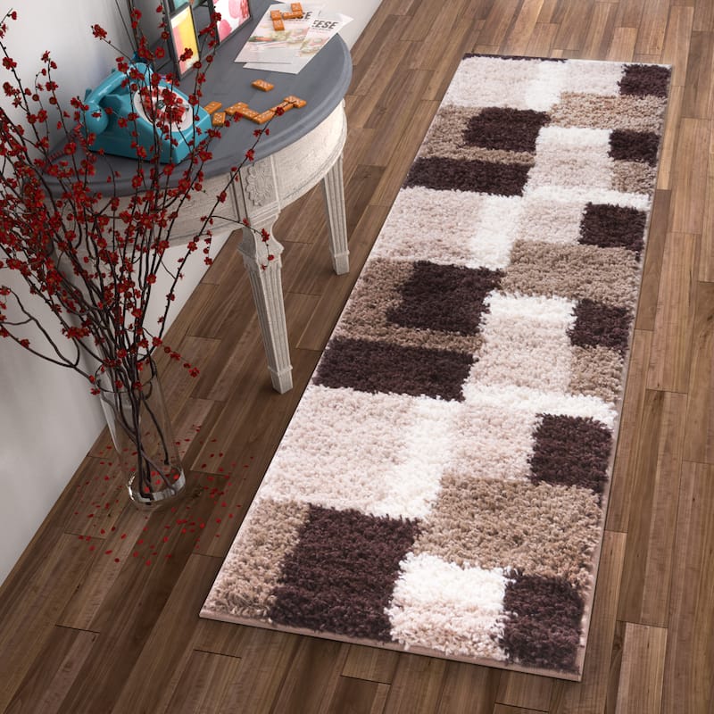 Well Woven Modern Geometric Squares Brown Runner Rug - 2' x 7'3"
