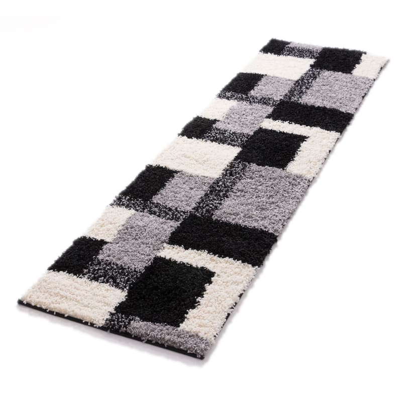 Well Woven Modern Geometric Squares Black Runner Rug - 2' x 7'3"