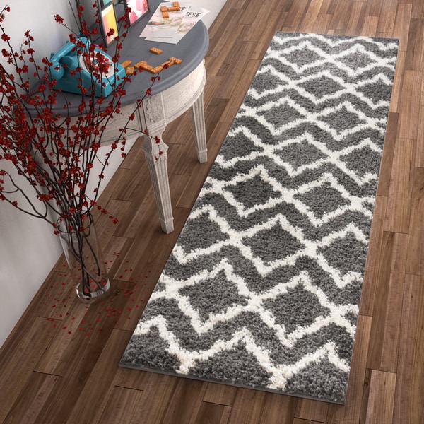 Shop Well Woven Modern Trellis Geo Grey Gold Runner Rug ...