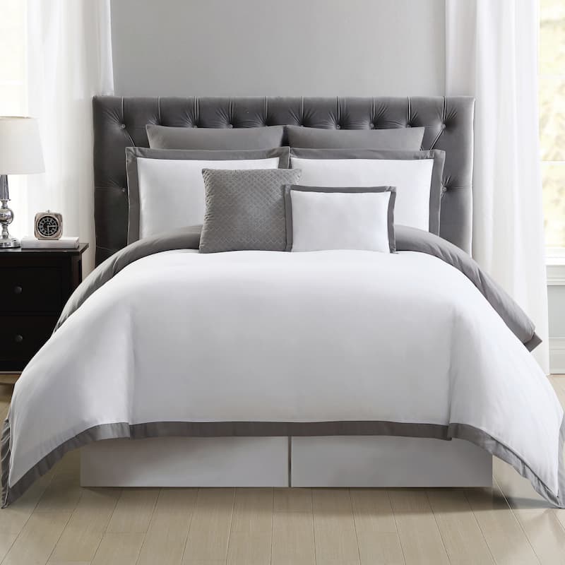 Truly Soft Everyday Hotel Border 7-piece Duvet Cover Set - White/Grey - Queen/Full - Queen