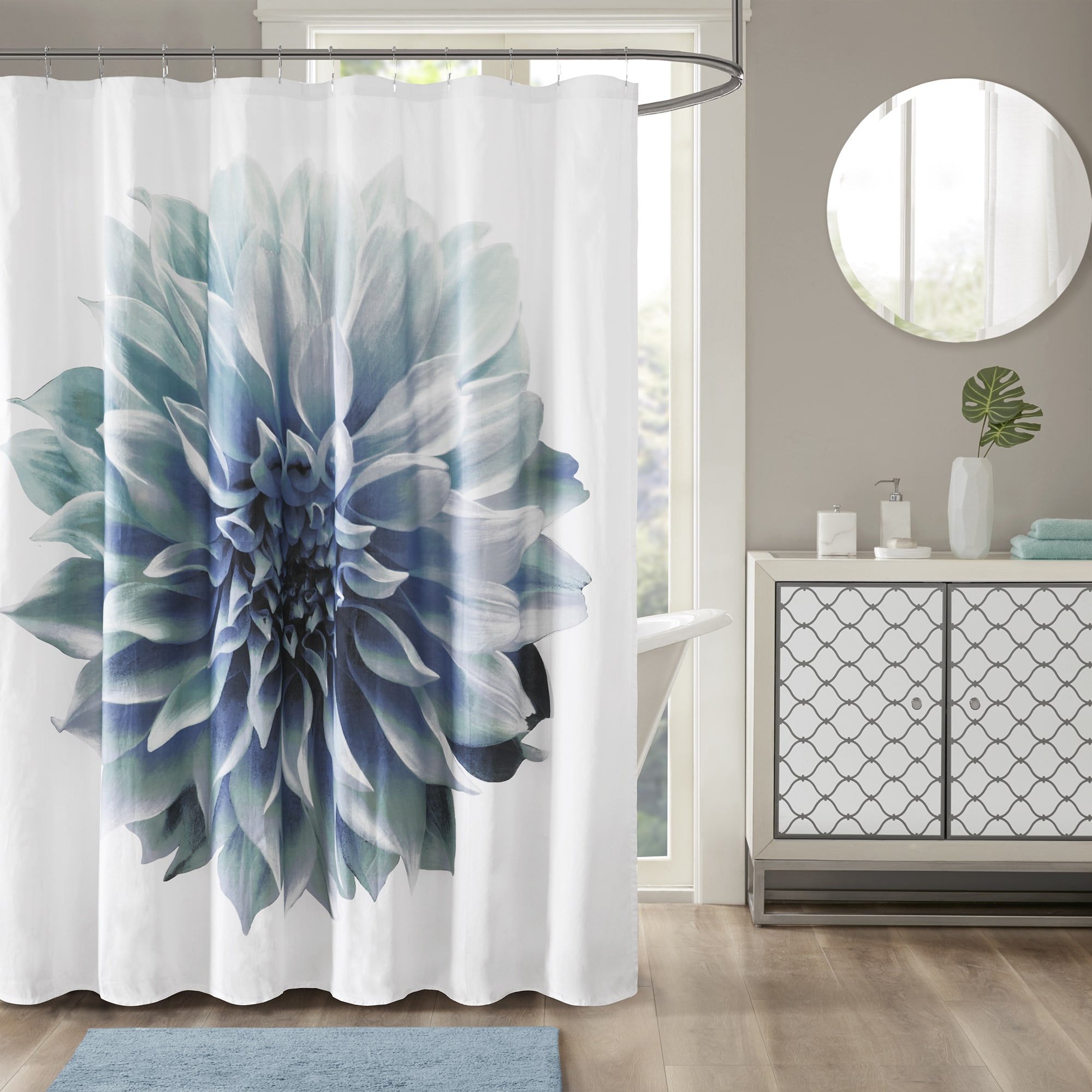 blue and grey shower curtain