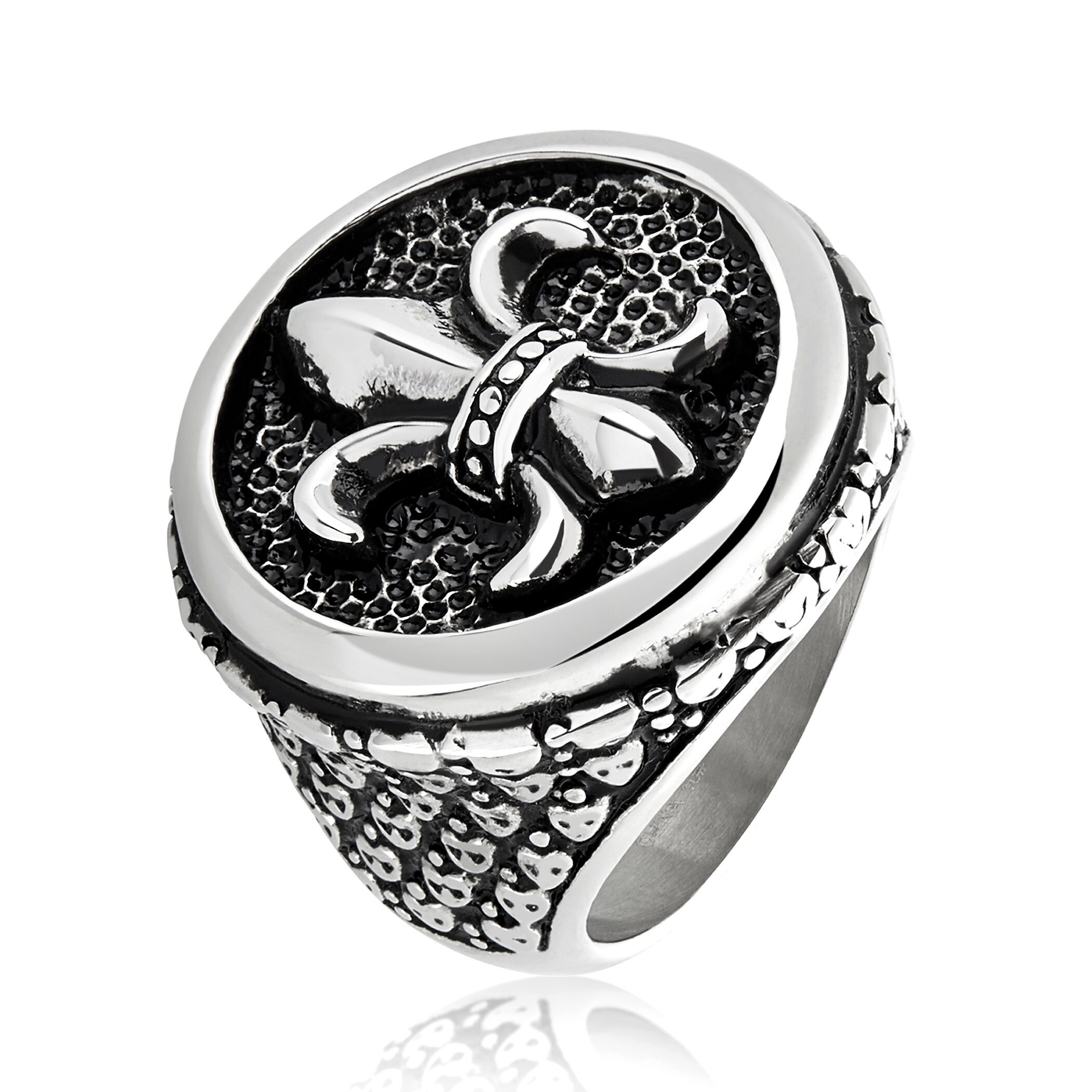 Stainless Steel Gold Color Plated Fleur De Lis Cross Square Comfort Fit Signet Ring