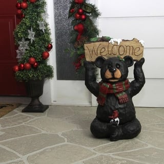 18 woodland black bear with striped scarf and welcome sign christmas decoration - Black Bear Christmas Decor 18 woodland black bear with striped scarf and welcome sign christmas decoration - Black Bear Christmas Decor