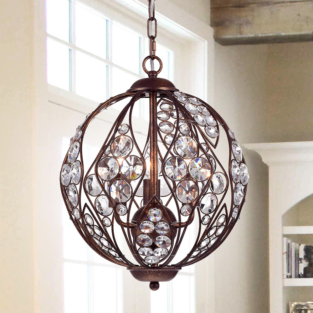 Warehouse of Tiffany Drusia Rustic-finished Iron and Crystal 13-inch Globe Pendant Light (3-Light 13-Inch Rustic Iron Crystal Globe) - Chandeliers For Bedrooms by Overstock.com