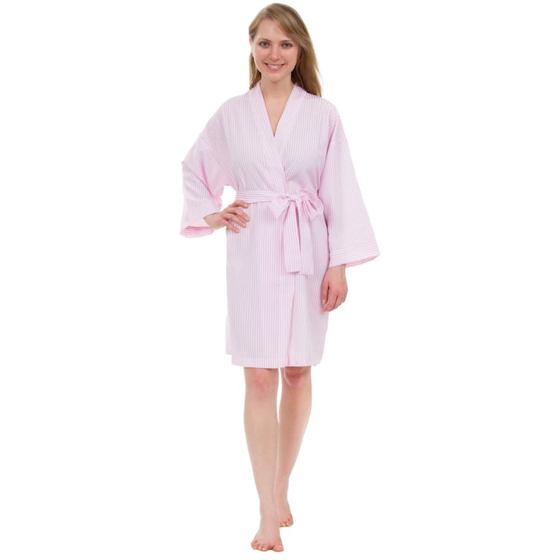 Leisureland Women's Classic Striped Seersucker Short Robe - Light Pink