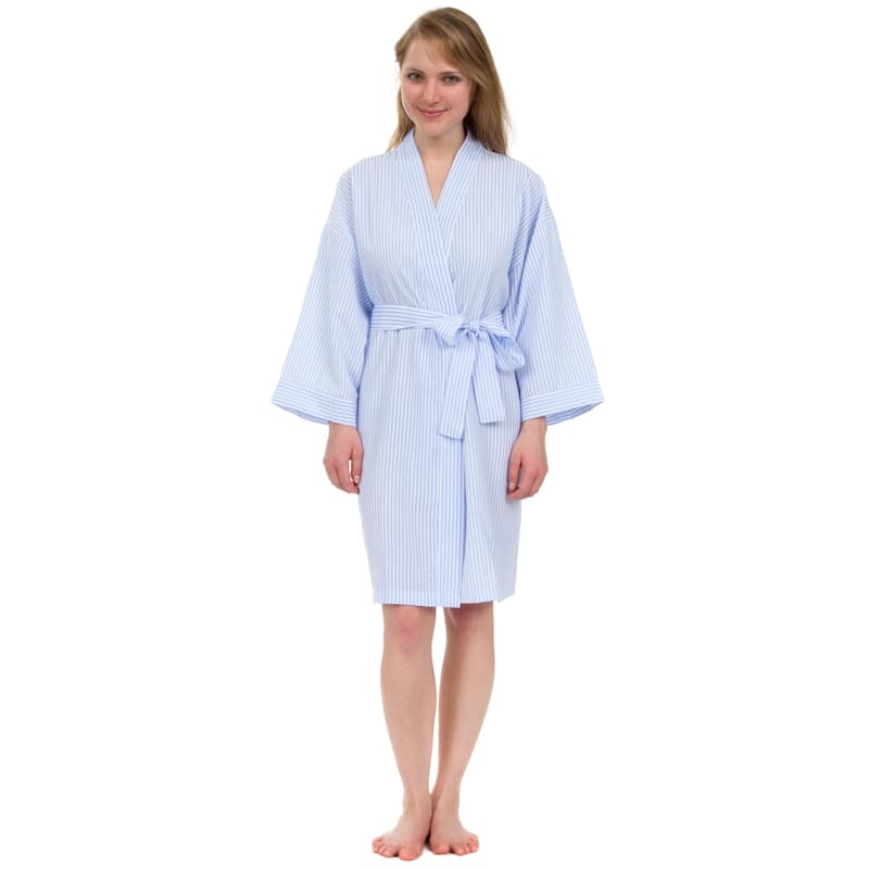 Leisureland Women's Classic Striped Seersucker Short Robe - Classic Blue