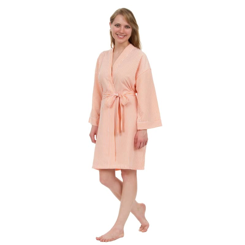 Leisureland Women's Classic Striped Seersucker Short Robe - Tangerine