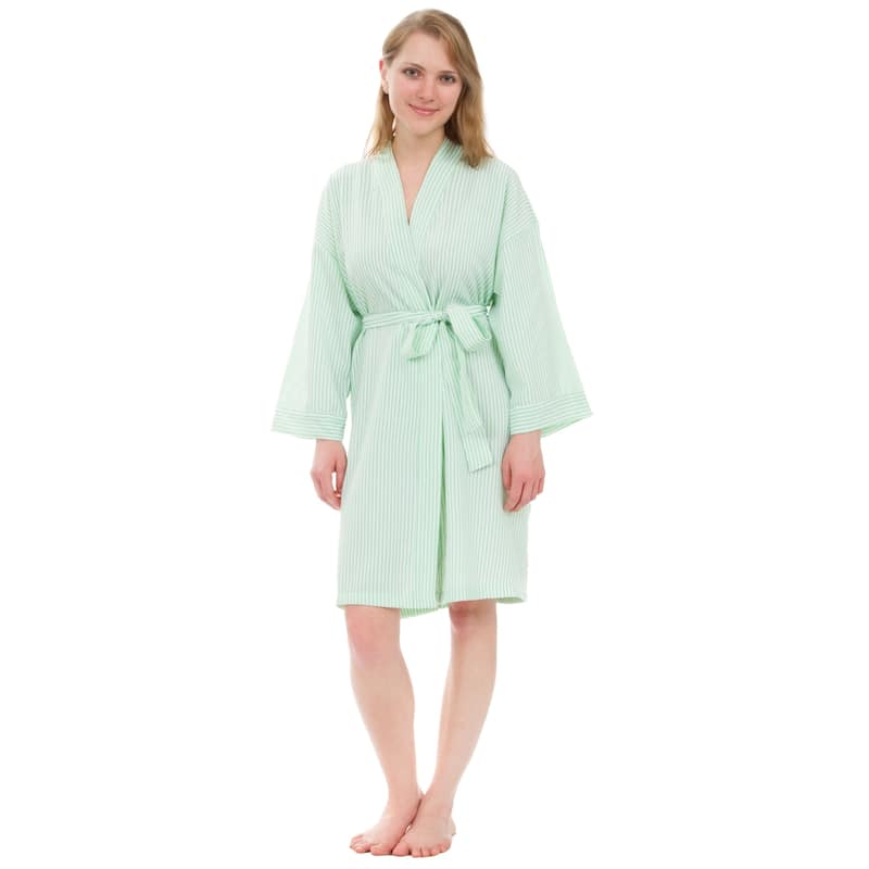 Leisureland Women's Classic Striped Seersucker Short Robe - Green