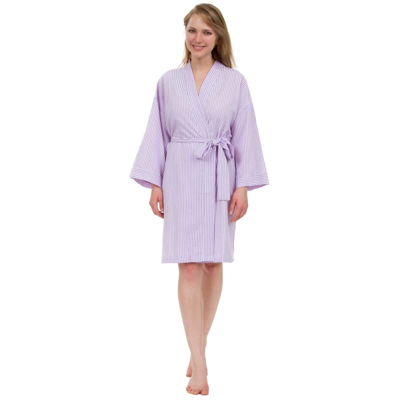 Leisureland Women's Classic Striped Seersucker Short Robe - Purple