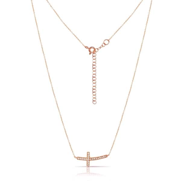 Gold Plated Sterling Silver Cubic Zirconia CZ Curved Cross Charm Pendant Necklace
