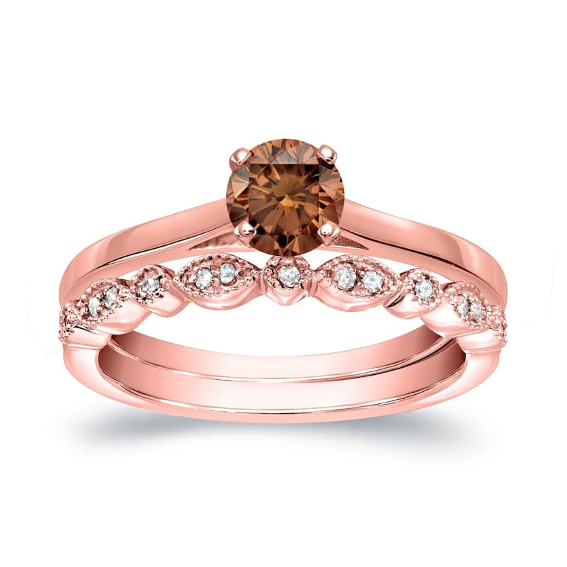 Auriya Vintage Stackable 1/2ctw Solitaire Brown Diamond Engagement Ring Set 14K Gold