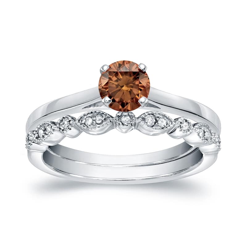 Auriya Vintage Stackable 1/2ctw Solitaire Brown Diamond Engagement Ring Set 14K Gold