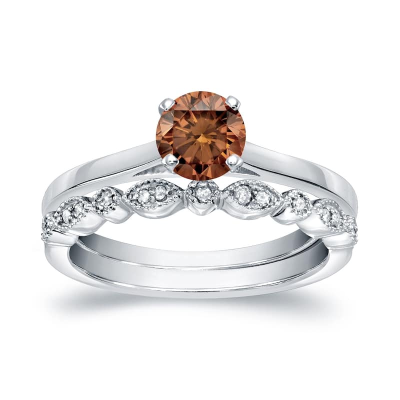Auriya Vintage Stackable 2/3ctw Solitaire Brown Diamond Engagement Ring Set 14K Gold