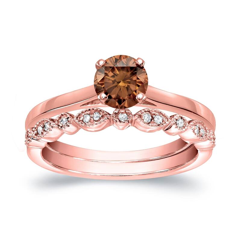 Auriya Vintage Stackable 2/3ctw Solitaire Brown Diamond Engagement Ring Set 14K Gold