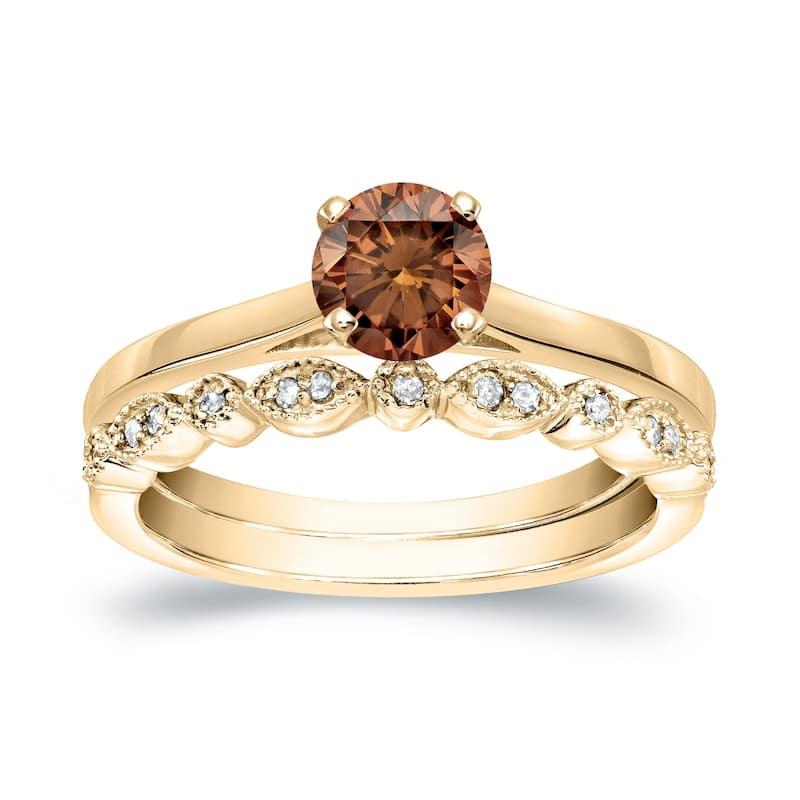 Auriya Vintage Stackable 2/3ctw Solitaire Brown Diamond Engagement Ring Set 14K Gold