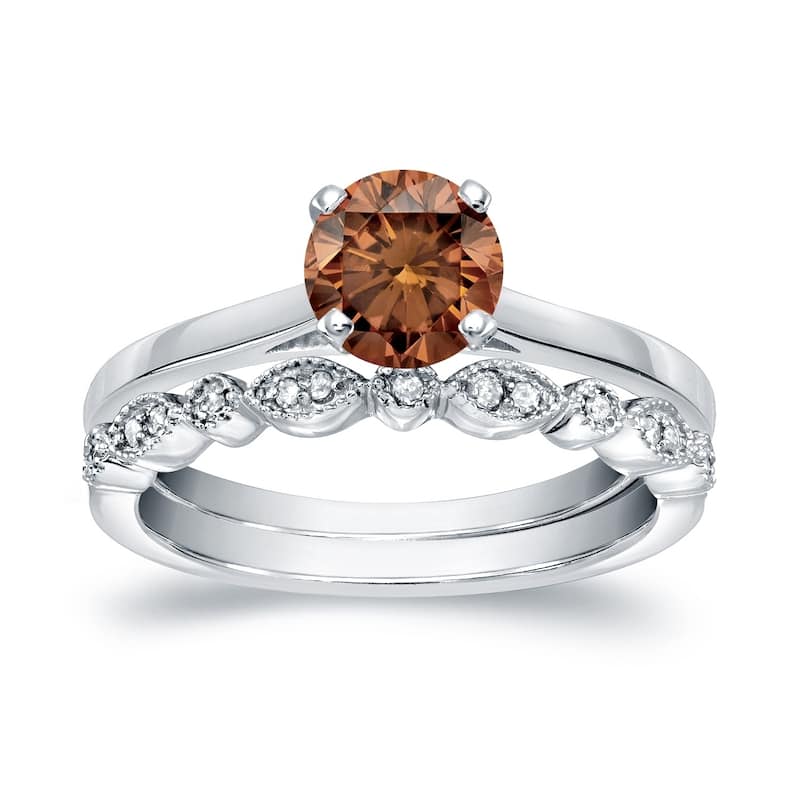 Auriya Vintage Stackable 3/4ctw Solitaire Brown Diamond Engagement Ring Set 14K Gold - 9 - White