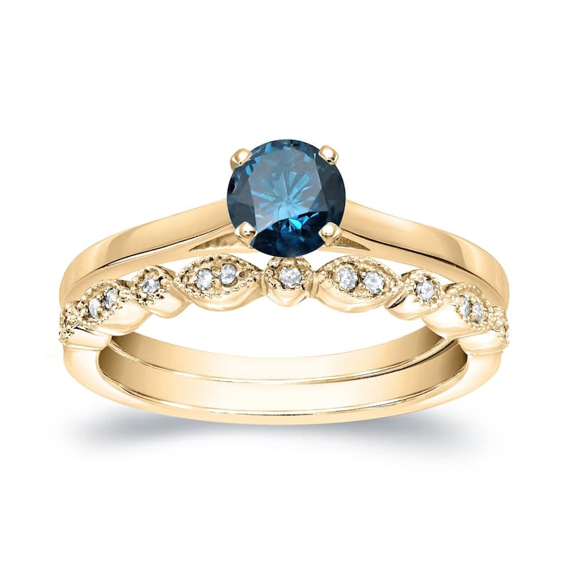Auriya Vintage Stackable 1/2ctw Solitaire Blue Diamond Engagement Ring Set 14K Gold