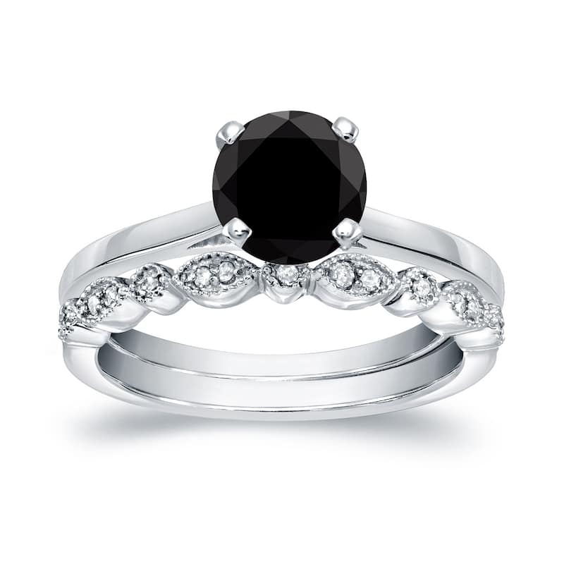 Auriya Vintage Stackable 7/8ctw Solitaire Black Diamond Engagement Ring Set 14K Gold - 8 - White
