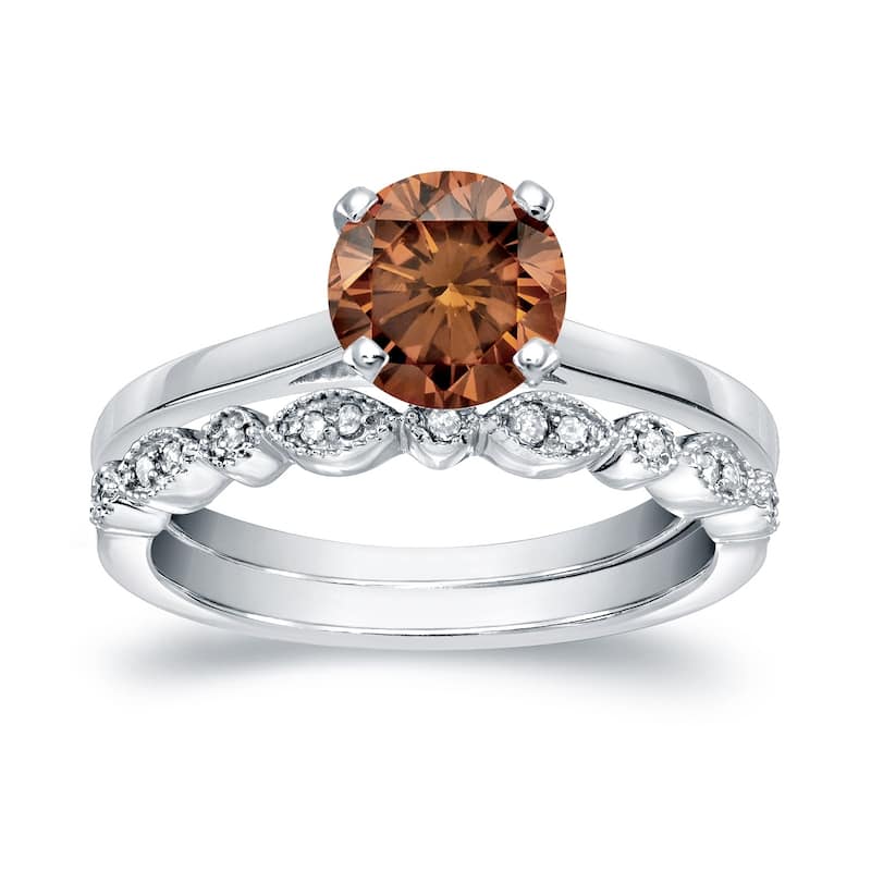 Auriya Vintage Stackable 7/8ctw Solitaire Brown Diamond Engagement Ring Set 14K Gold