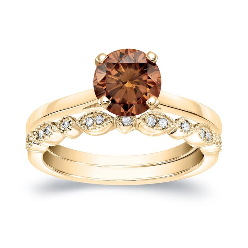 Auriya Vintage Stackable 1ctw Solitaire Brown Diamond Engagement Ring Set 14K Gold