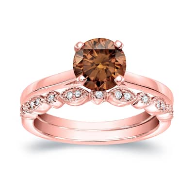 Auriya Vintage Stackable 1ctw Solitaire Brown Diamond Engagement Ring Set 14K Gold