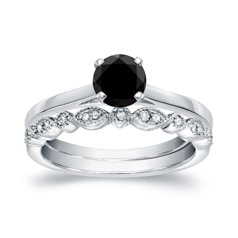 Auriya Vintage Stackable 2/3ctw Solitaire Black Diamond Engagement Ring Set 14K Gold