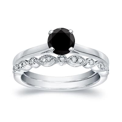 Auriya Vintage Stackable 2/3ctw Solitaire Black Diamond Engagement Ring Set 14K Gold