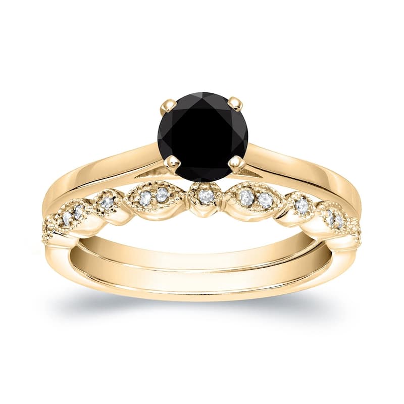 Auriya Vintage Stackable 2/3ctw Solitaire Black Diamond Engagement Ring Set 14K Gold