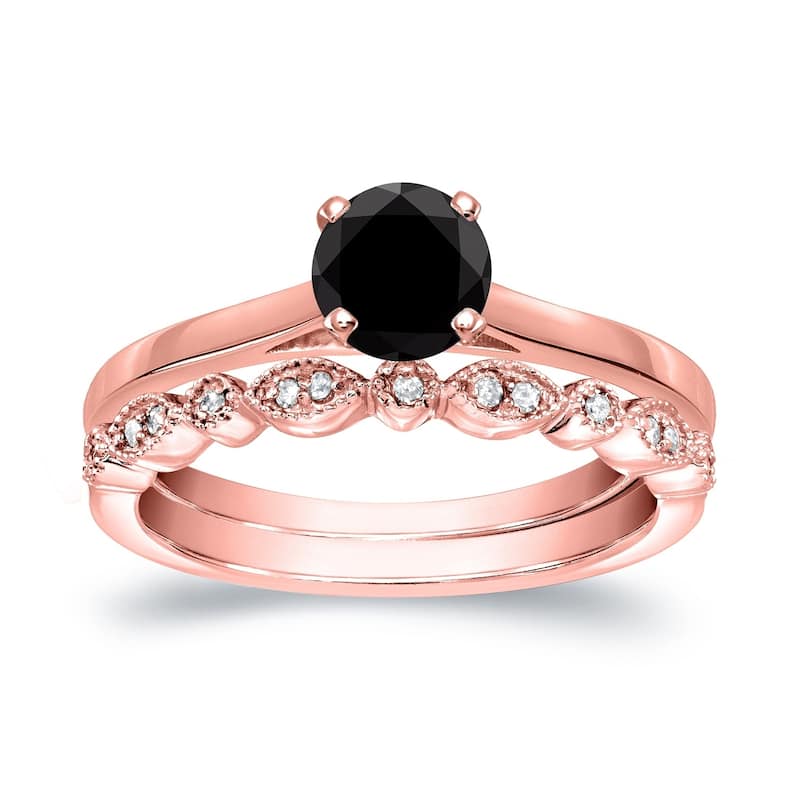 Auriya Vintage Stackable 2/3ctw Solitaire Black Diamond Engagement Ring Set 14K Gold