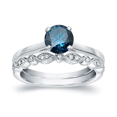 Auriya Vintage Stackable 3/4ctw Solitaire Blue Diamond Engagement Ring Set 14K Gold