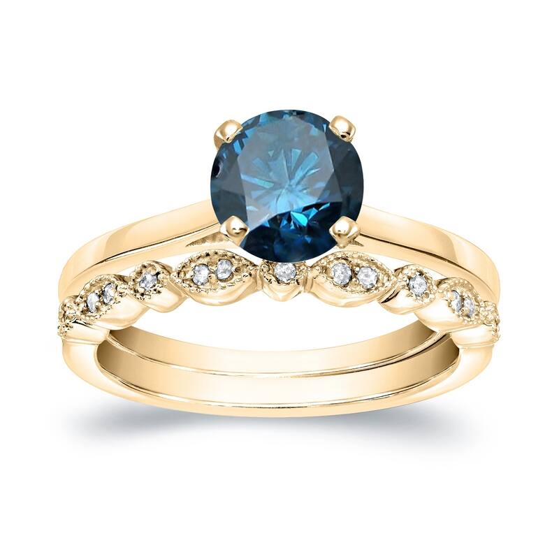 Auriya 14k Gold 1ctw Vintage Solitaire Blue Diamond Engagement Ring Set