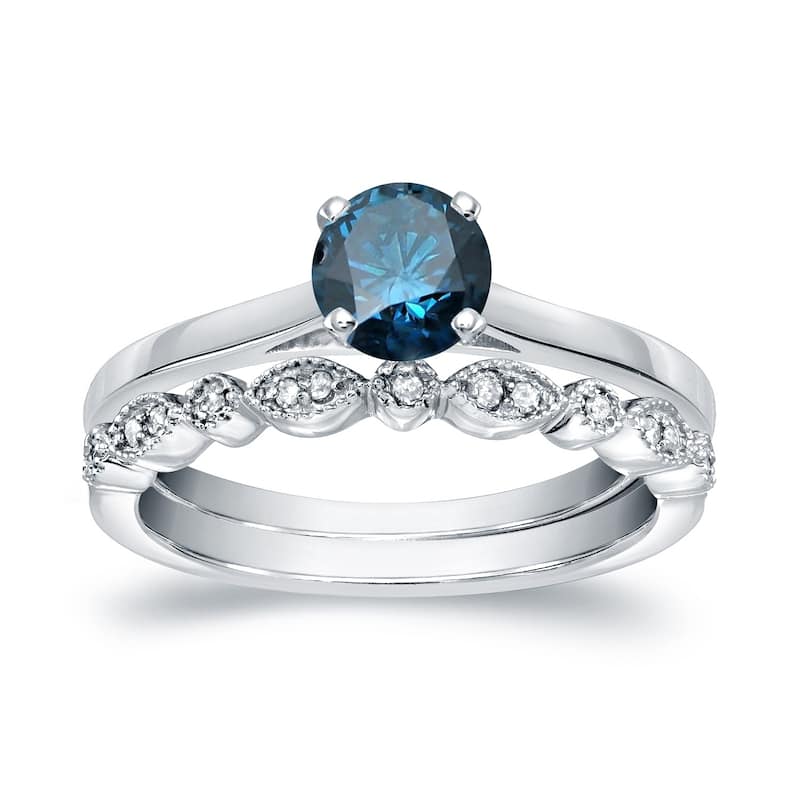 Auriya Vintage Stackable 2/3ctw Solitaire Blue Diamond Engagement Ring Set 14K Gold