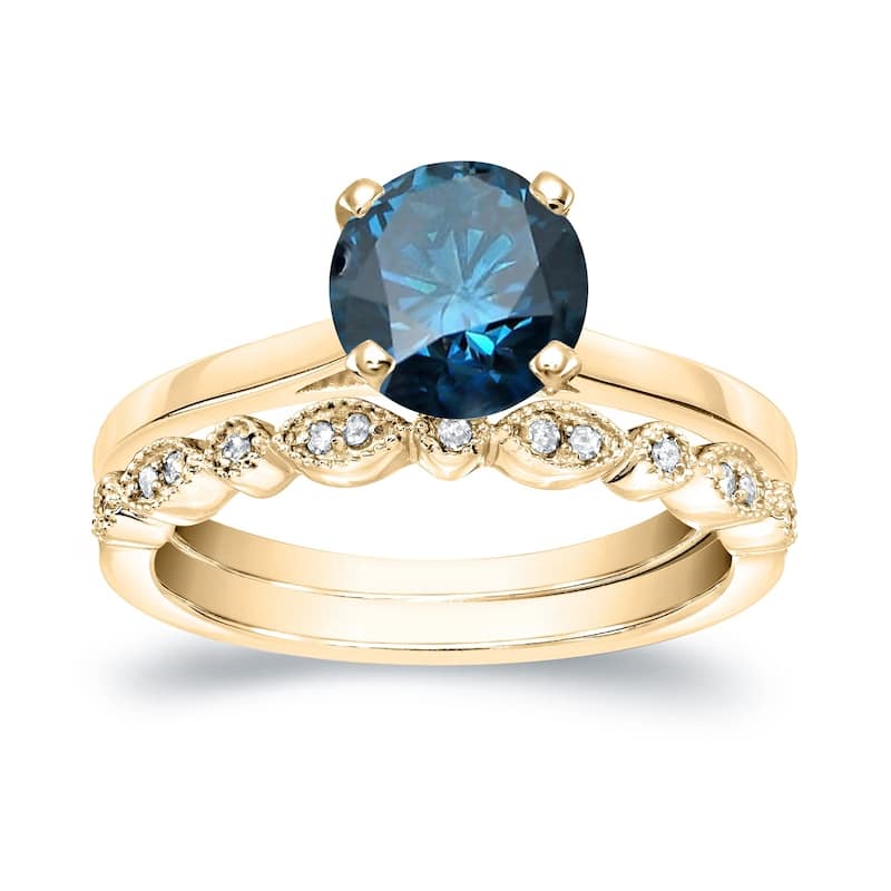 Auriya Vintage Stackable 1 1/6ctw Solitaire Blue Diamond Engagement Ring Set 14K Gold