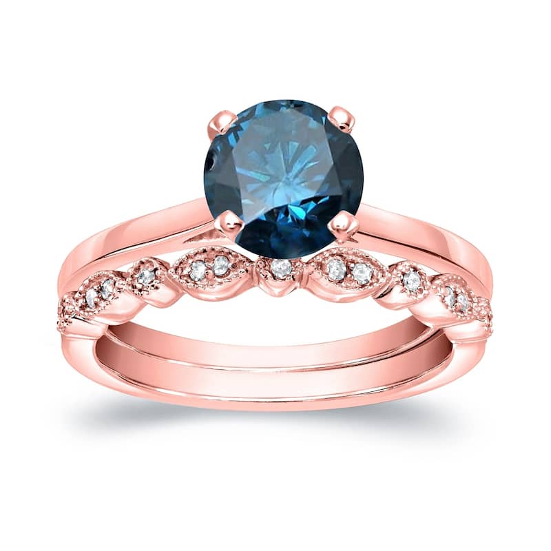 Auriya Vintage Stackable 1 1/6ctw Solitaire Blue Diamond Engagement Ring Set 14K Gold
