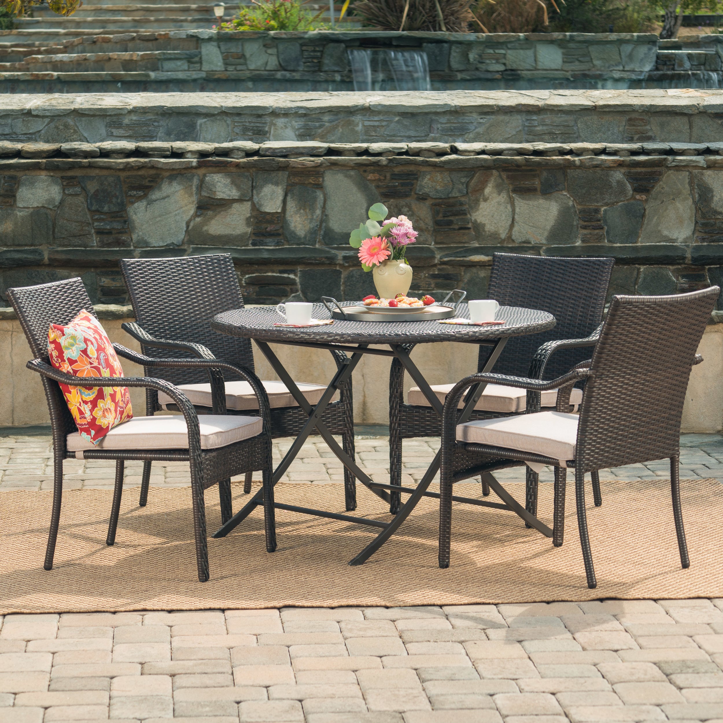 Must Have Lula Outdoor 5-Piece Round Foldable Wicker Dining Set with