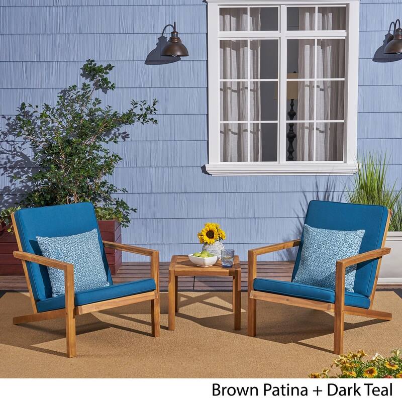 Leah Outdoor 3-piece Acacia Wood Chat Set with Cushions by Christopher Knight Home