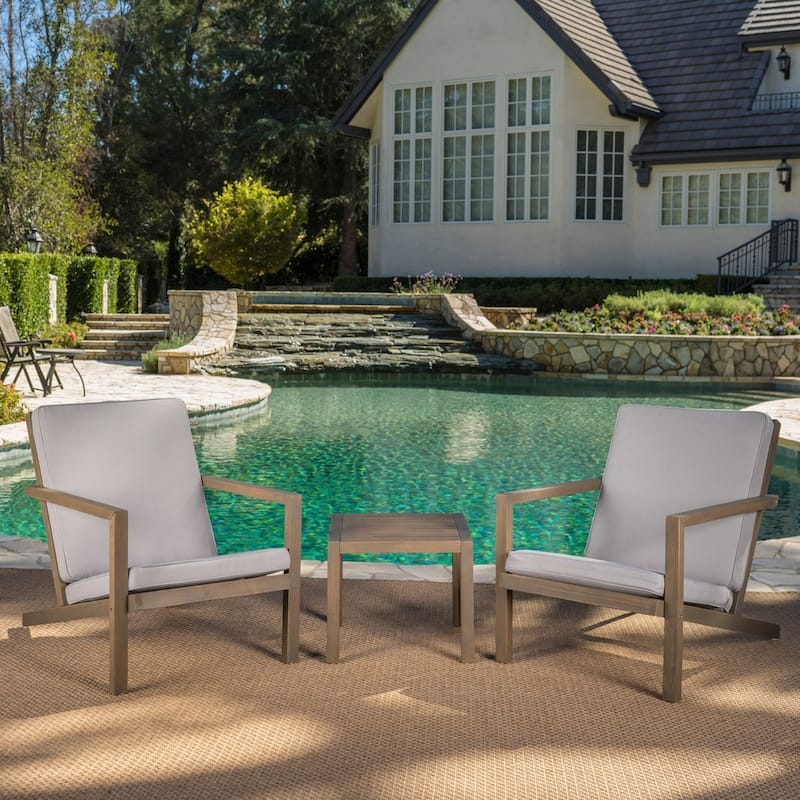 Leah Outdoor 3-piece Acacia Wood Chat Set with Cushions by Christopher Knight Home - grey + grey finish
