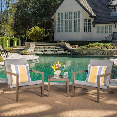 Leah Outdoor 3-piece Acacia Wood Chat Set with Cushions by Christopher Knight Home