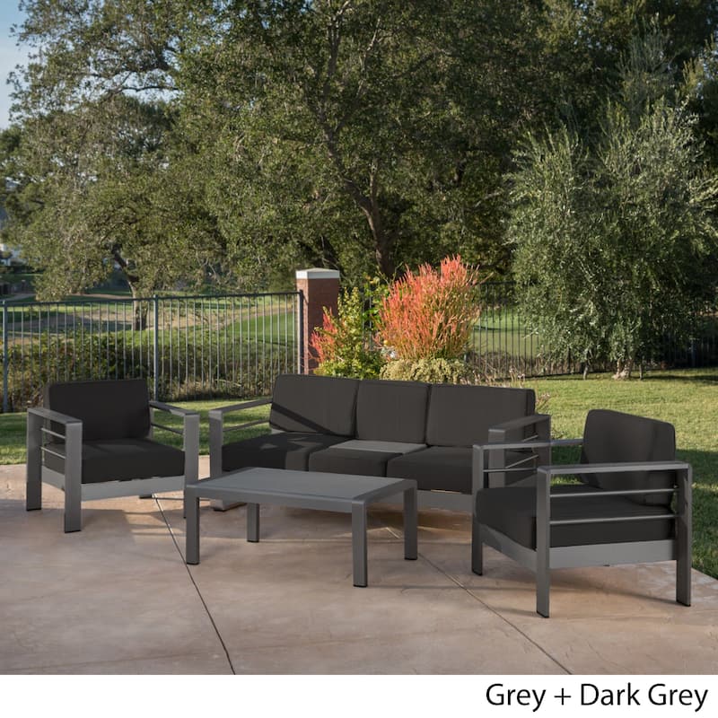 Cape Coral Outdoor Aluminum Tempered Glass 4-piece Sofa Chat Set with Cushions by Christopher Knight Home